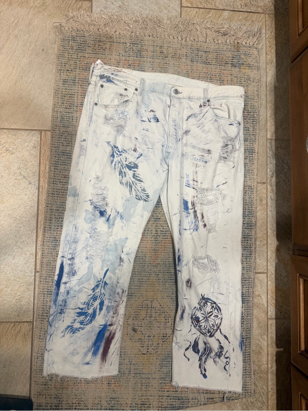 Amazing Upcycled Distressed Jeans with and Artisan Printed
